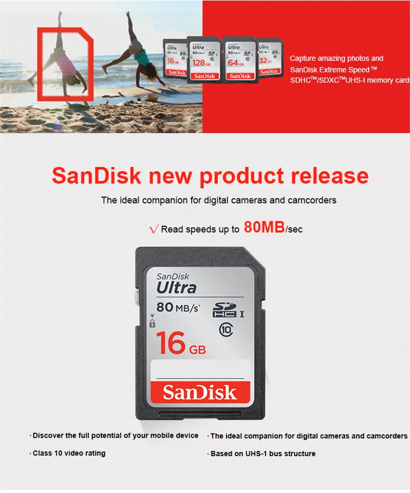 SanDisk Ultra Карта памяти SDHC/SDXC SD карта класс 10 16 ГБ 32 ГБ 64 Гб 128 Гб карты C10 UHS-I 80 МБ/с./с флеш-карта для камеры Full HD