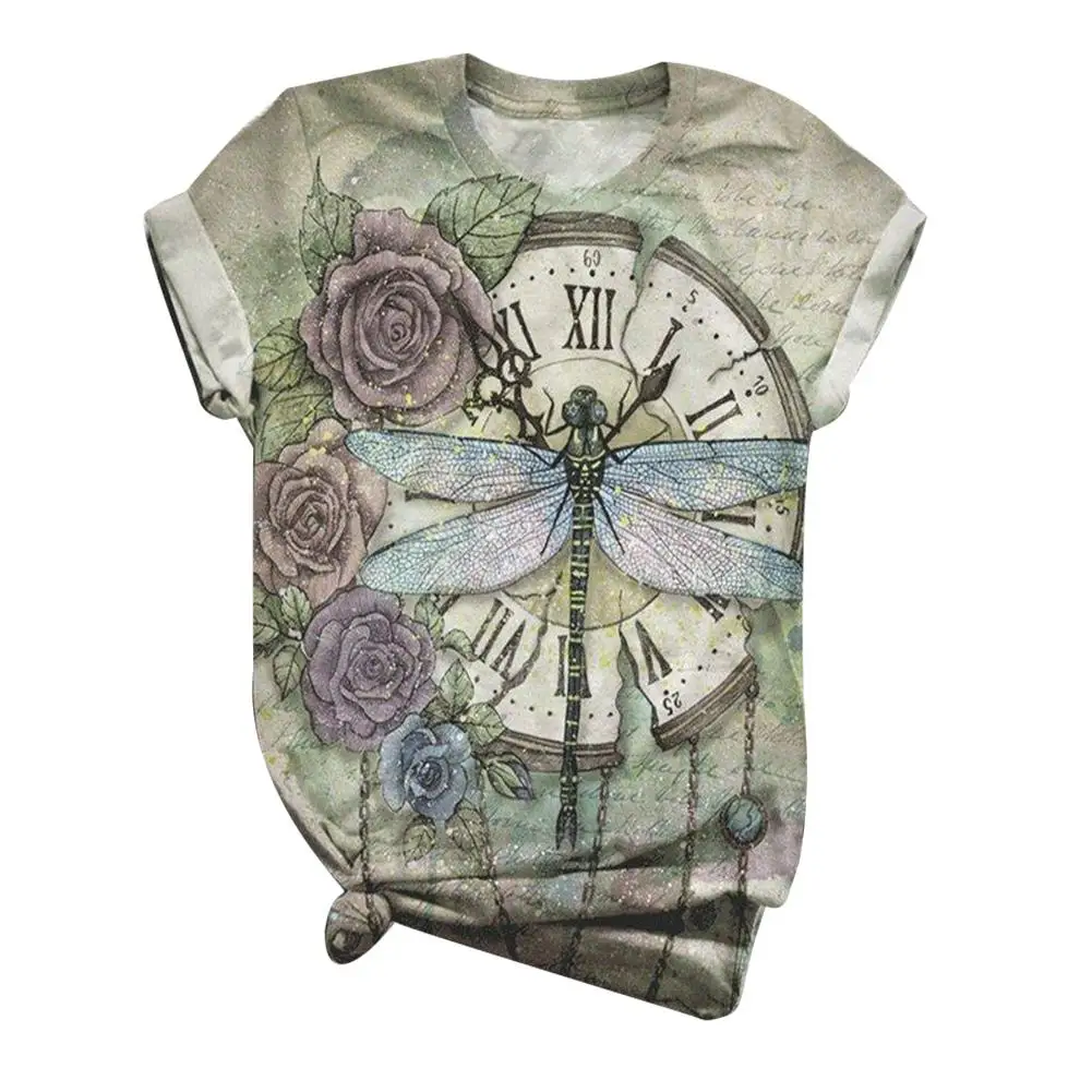

Women Fashion Summer O Neck Short Sleeve Cow Clock Floral Print T-shirt Blouse