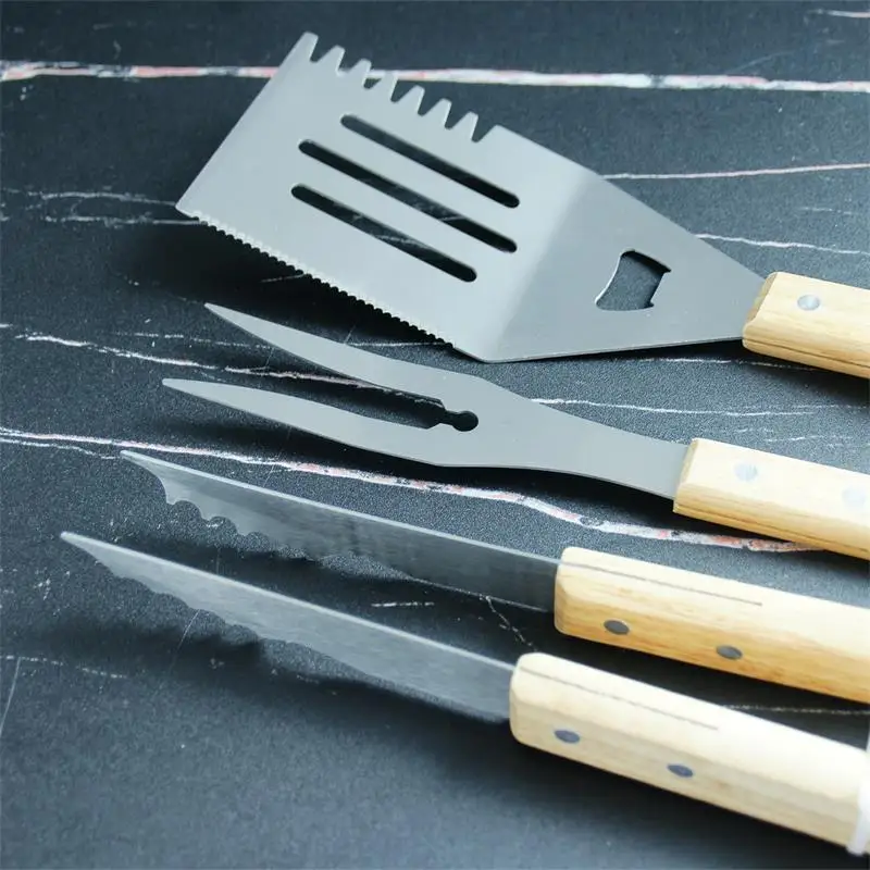 Комплект из 3 предметов нержавеющей стали Инструменты для барбекю с деревянной