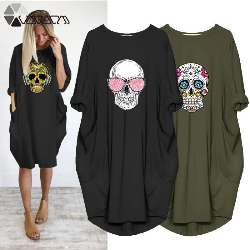 

Long Sleeve Dresses Women Vintage Skull Print Casual Loose Pockets Vestidos Party Femme Robe Woman Dress Streetwear