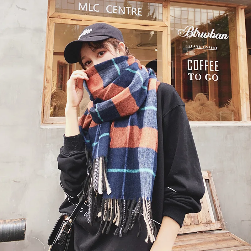 

Autumn Winter Women Scarf Knitted Tassel Plaid Keep Warm Scarf Red Blue Scarves WJ12