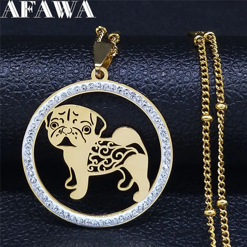 

Pug Dog Stainless Steel Crystal Necklace Pendant Women Gold Color Chain Necklace Jewelry bijoux femme N133S01