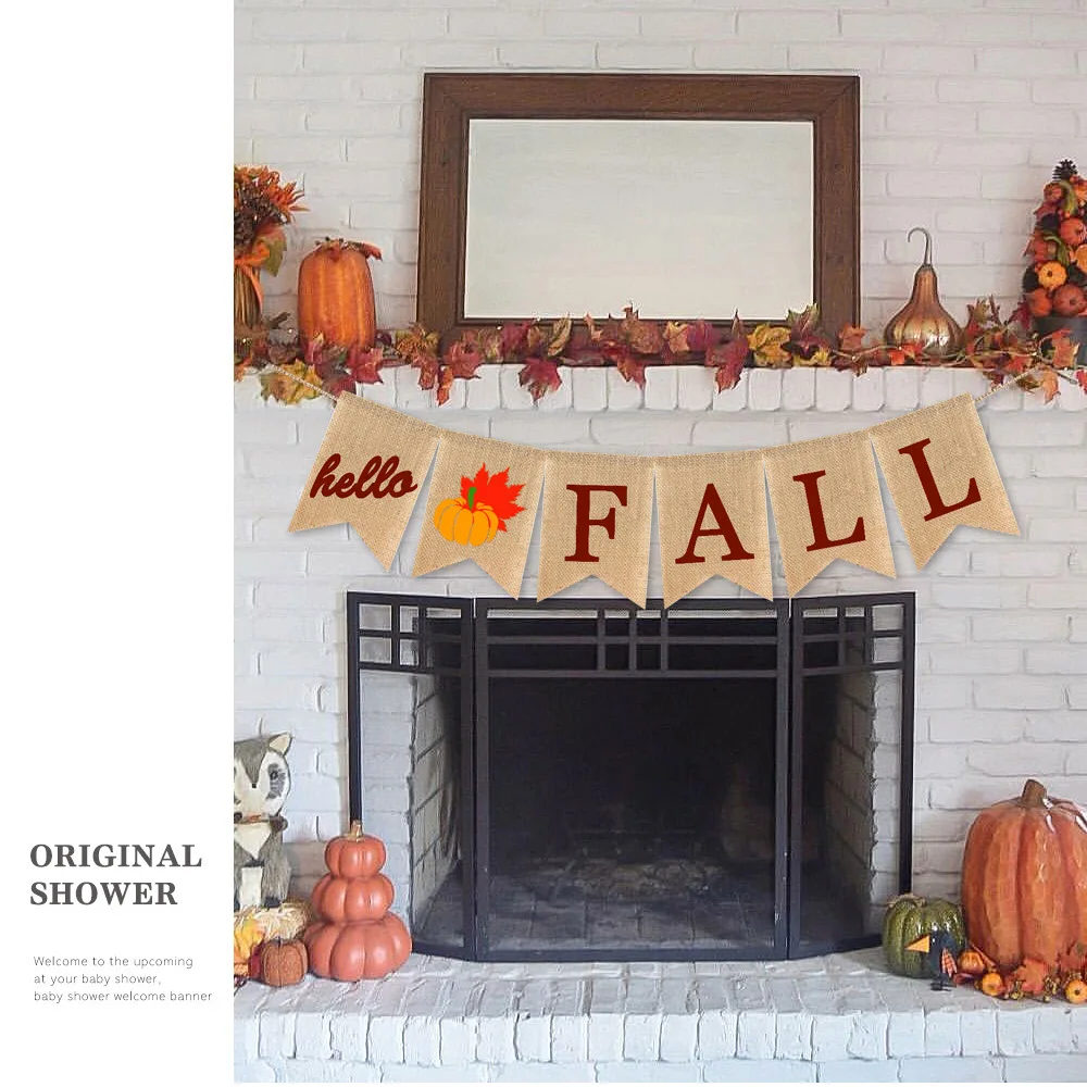Rustic Hello Fall Banner with Pumpkin and Maple Leaf Autumn Halloween Thanksgiving Mantel Fireplace Garland Decoration | Дом и сад