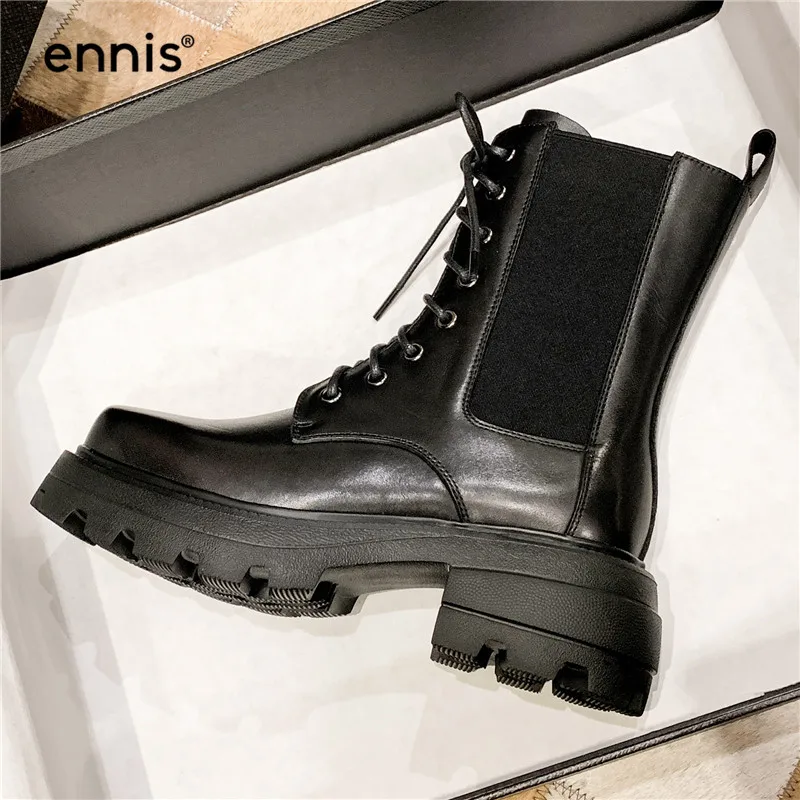 

ENNIS Brand Genuine Leather Martin Boots Chunky Platform Boots Women Boots Black Shoes Motorcycle Autumn Winter Lace Up New A29A