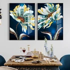 Позолоченная картина с золотыми цветами в скандинавском стиле, настенный синий постер в современном стиле, Картина на холсте для украшения коридора, гостиной, спальни