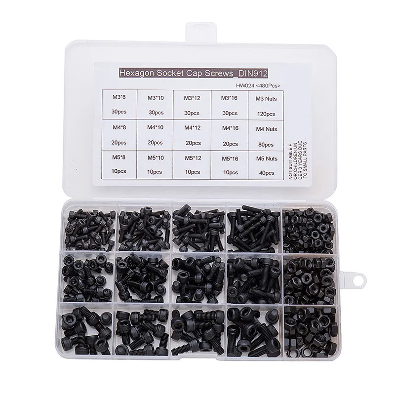 

MXCH14 480Pcs Carbon Steel Hex Socket Cap Head Screws Nut Assortment Kit M3 M4 M5 12.9 Grade Fastener Durable