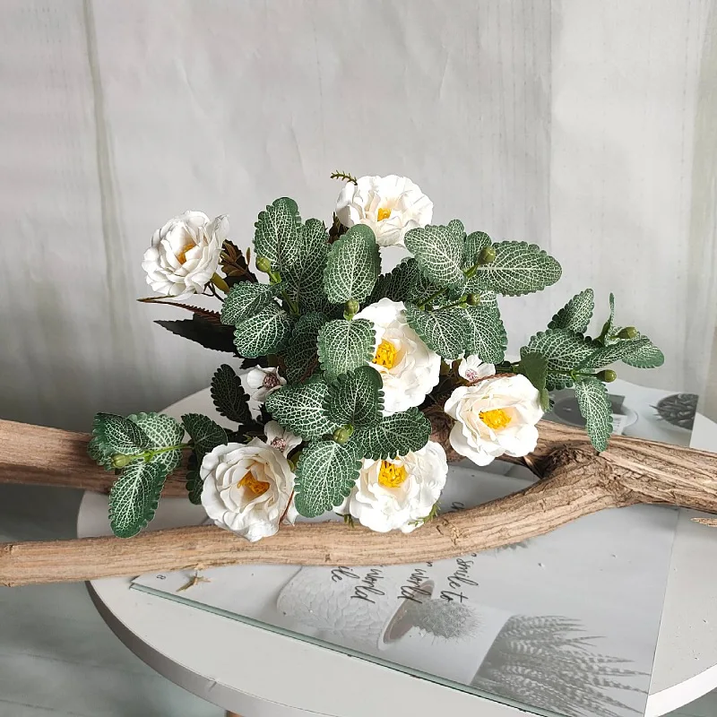 

14 Forks Camellia Mint Combination Flower Silk Artificial Flowers Plants For Modern Home Decor DIY Room Decoration Accessories