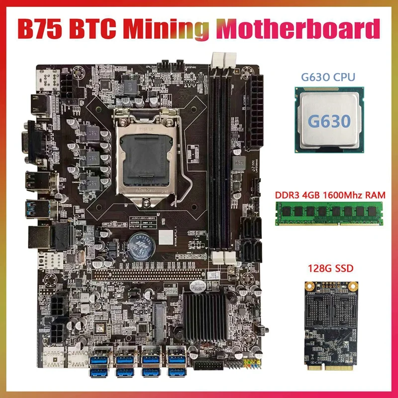 

Материнская плата B75 USB BTC для майнинга + процессор G630 + DDR3 4 Гб 1600 МГц ОЗУ + 128G MSATA SSD LGA1155 8xpcie к USB B75 BTC материнская плата
