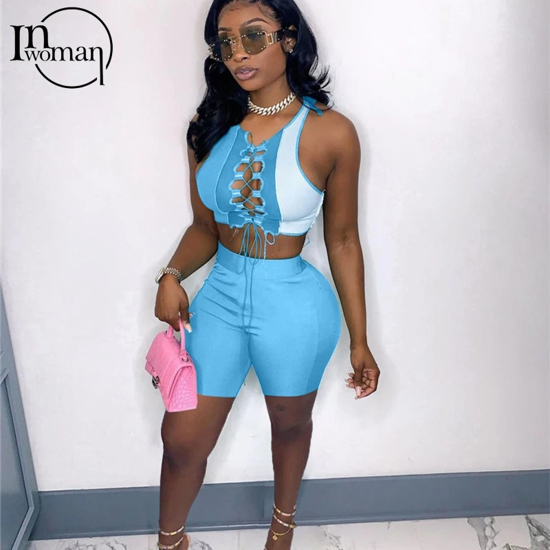 

Inwoman 2 Piece Sets Patchwork Womens Outfits Summer Two Piece Shorts Sets Women Tracksuit Drawstring Crop Top Matching Sets New