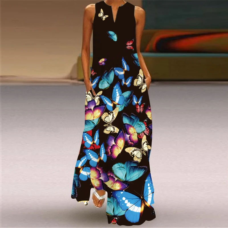 

S-5XL Women Dress Maxi Vintage traf Sleeveless Elegant Long Dress Casual Print Dress Plus Size Vestidos Robe Femme Dress Summer
