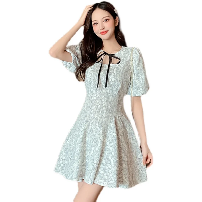 

COIGARSAM Lace Women one-piece dress korean Print Lantern Sleeve High Waist Dresses Black On Blue-gray 153