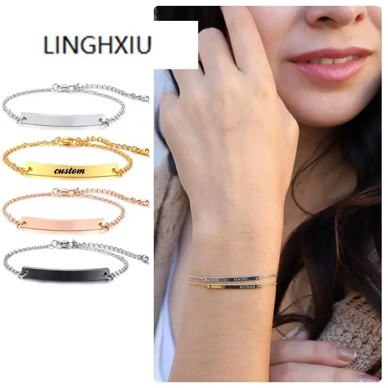 

Custom ID Bar Bracelet for Women Stainless Steel Personalize Name Roman Numerals Personalized Bracelet Adjustable