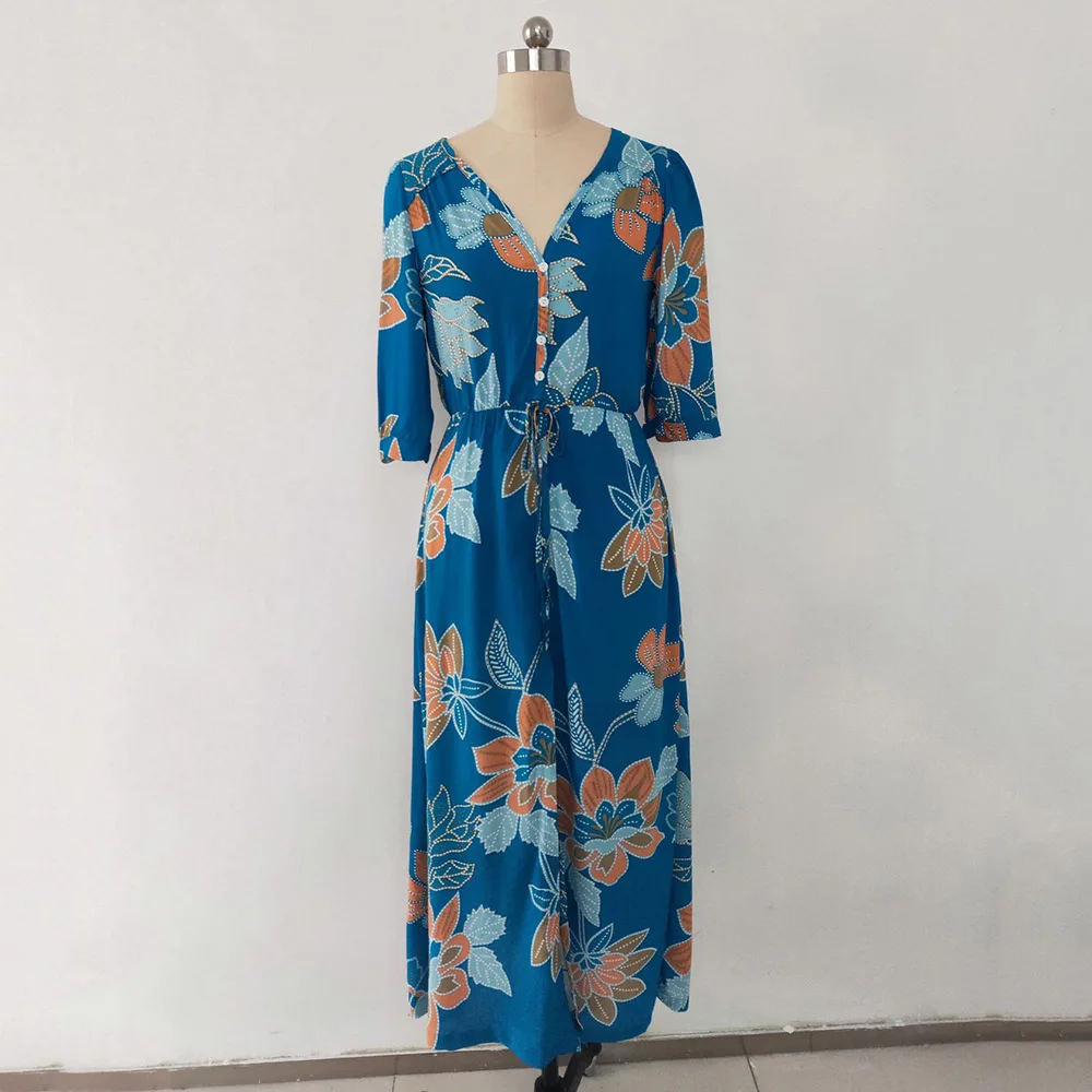 

Bohemian Maxi Dress V-Neck A-Line Half-sleeve Floral Print Long Dresses Women Summer Slim Waist Drawstring Slit Boho Beach Dress