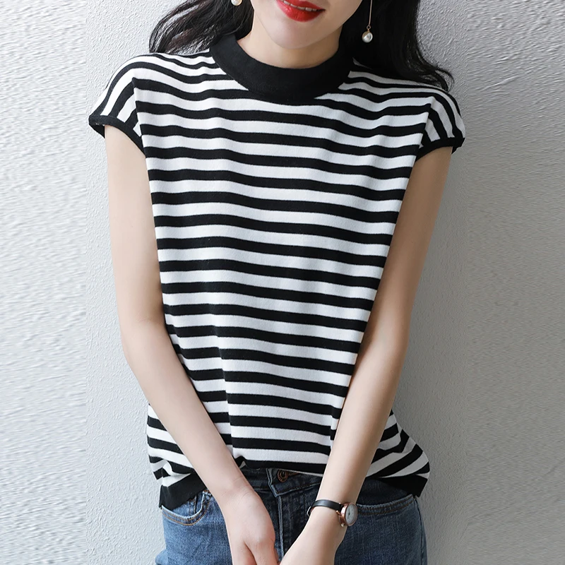 

Casual Stripe Short Sleeve Knitted T-Shirt Women Summer O-Neck Loose Contrast Color Knitwear Tops Korean Fashion Womens Clothing