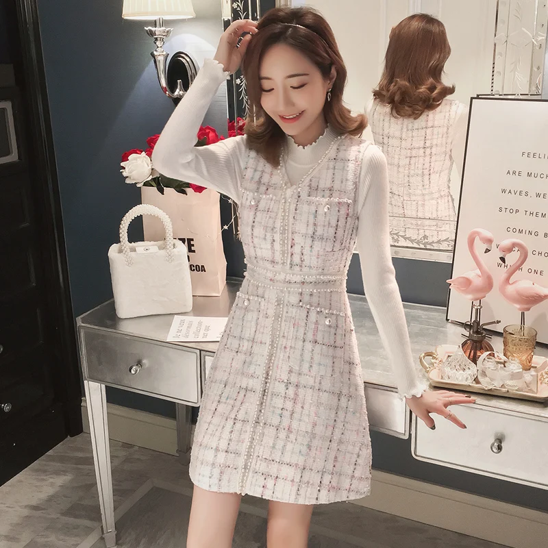 Женский зимний белый вязаный свитер Топ И v-образный вырез клетчатый жемчуг