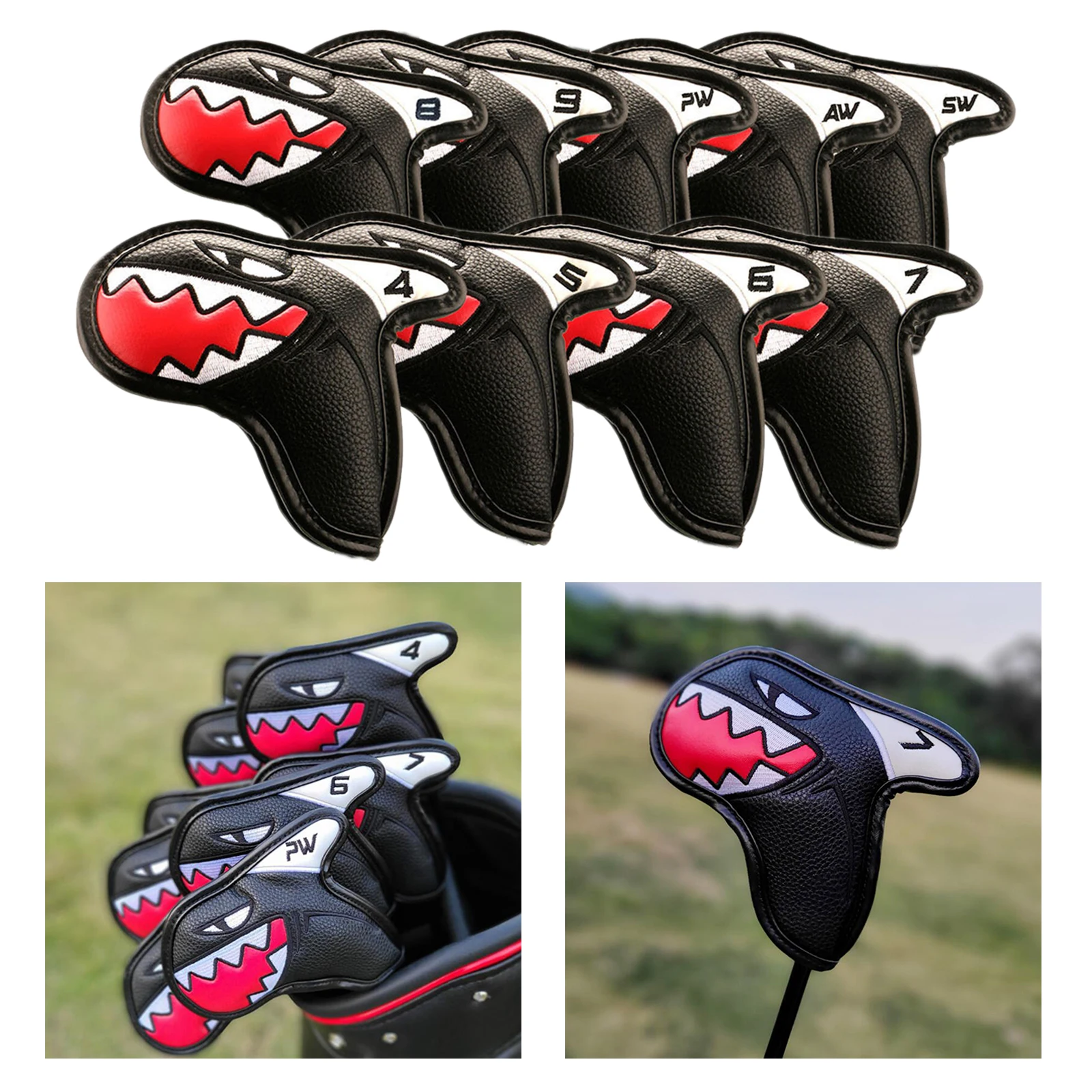 

9x Shark Golf Iron Head Covers Leather PU Golf Club Headcovers Black