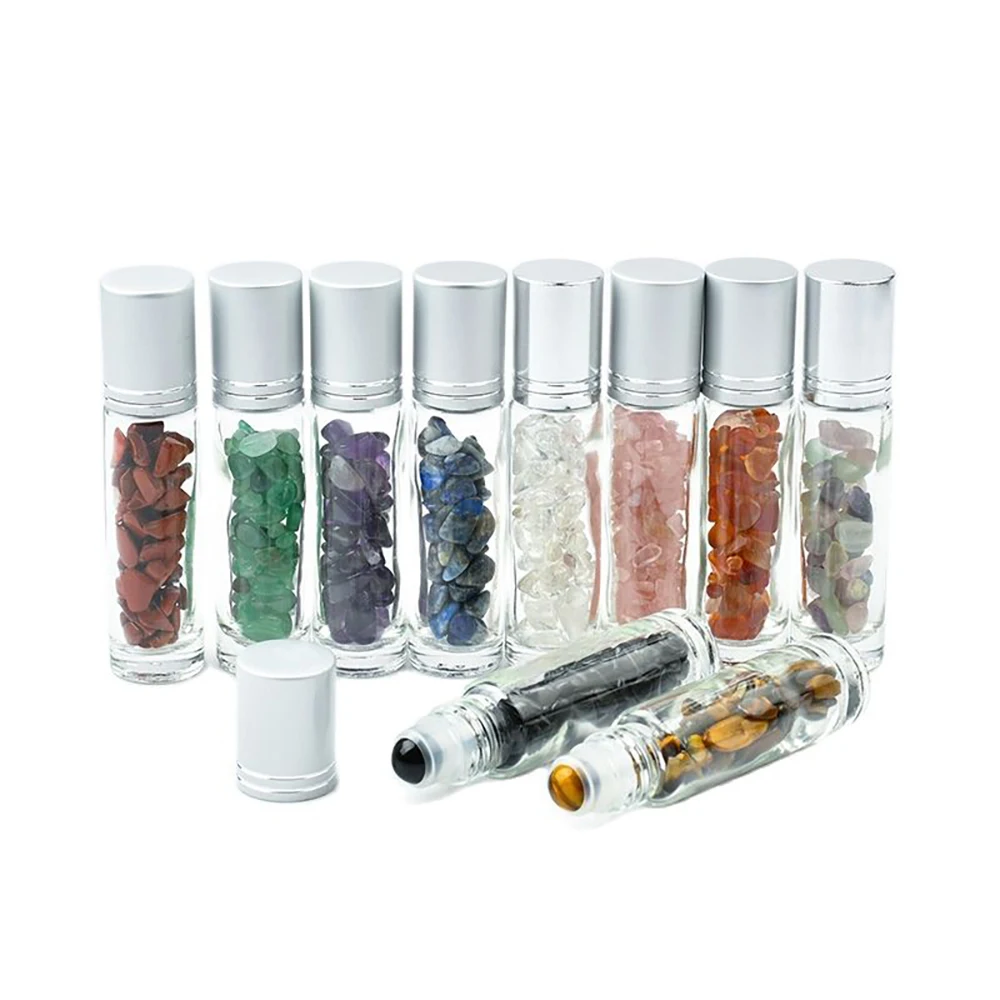 

10ml Roll On Bottle With Gemstone Rollerball&Crystal Chips Inside,10 Packs Glass Roller Bottles Essential Oil Sample Bottles