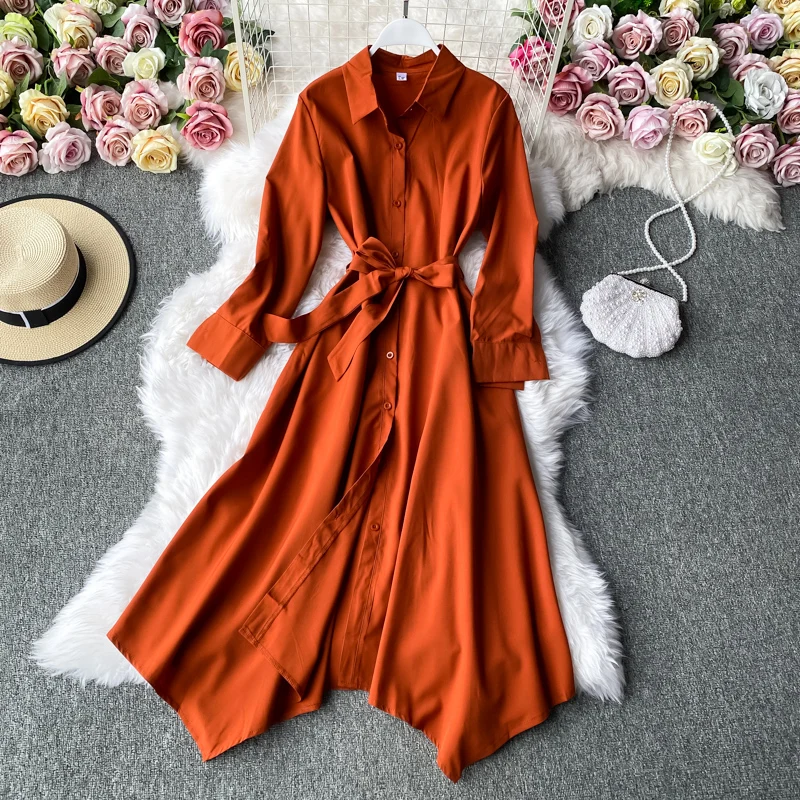 

Women Single-Breasted Shirt Dress Spring Summer Lace Up Casual Long Sleeve Clothes 2021 Dresses