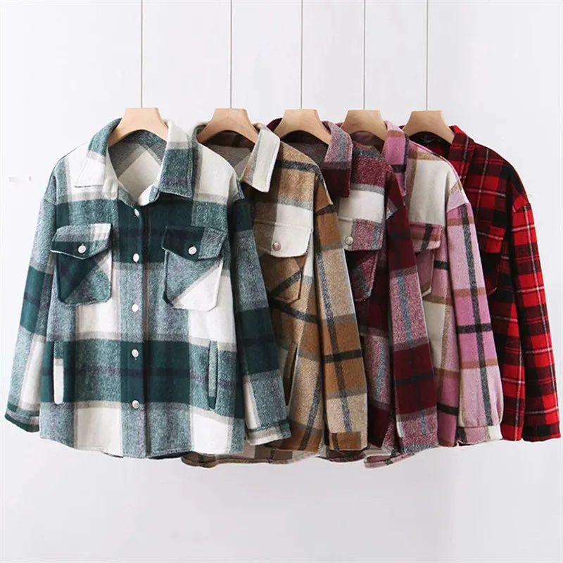 

Plaid Shirt Jacket Women 2021 New Autumn Winter Thick Warm Long Sleeve Shirts Coat Pocket Lapel Fashion Loose Blouses Female