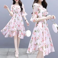 sweet slim waist chiffon floral dress women fashion 3d printing irregular mid dresses ladies summer boho vacation beach dress