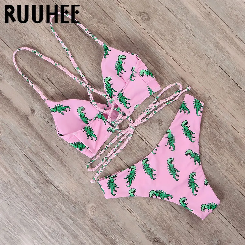 RUUHEE Tie Dye бикини, женский купальник, пуш-ап, купальник с принтом динозавра, купальник, бандаж, сексуальный летний купальник для женщин