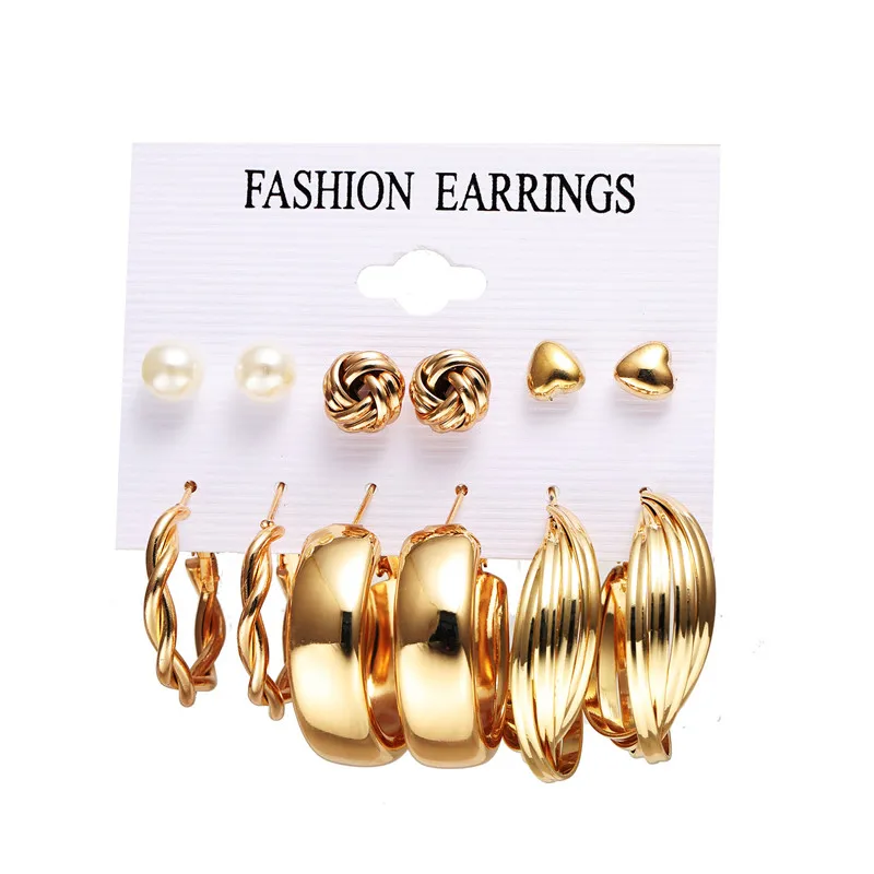 

6 Pairs Big Hoop Pearl Earring Set Fashion Metal Earing Butterfly Circle Geometric Vintage Earring for Women Jewelry 2021