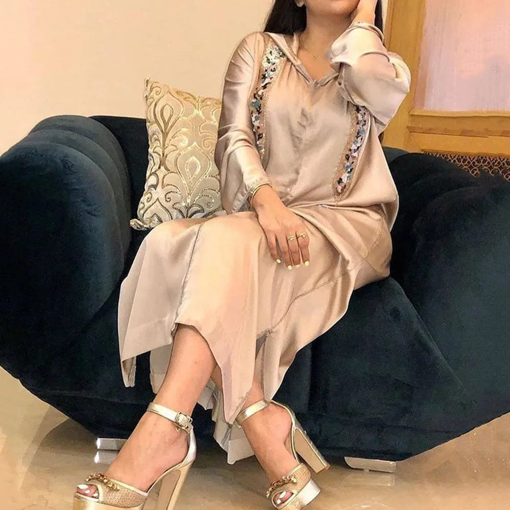 

Boho Women Long Fashion Spring Dress Champagne African Female Robe Long Sleeve Hooded Casual Vintage Muslim Party Young Lady