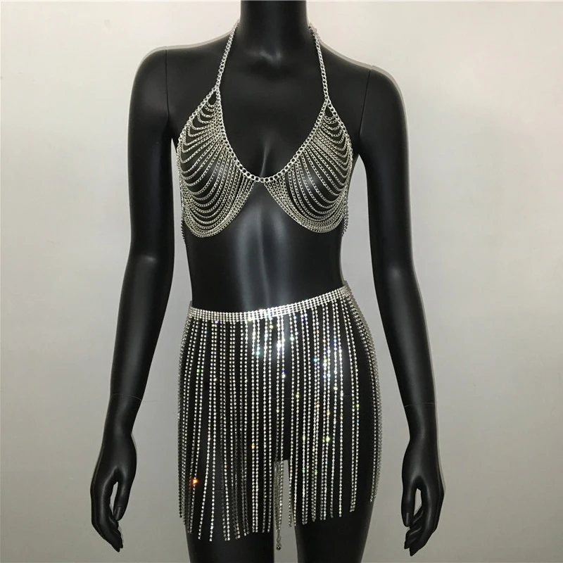 Серебристые сексуальные комплекты из 2 предметов многослойная металлическая