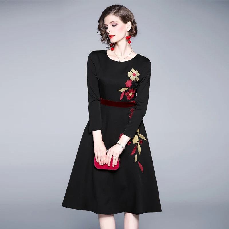 Осеннее бархатное платье с длинным рукавом и вышивкой женская одежда 2020