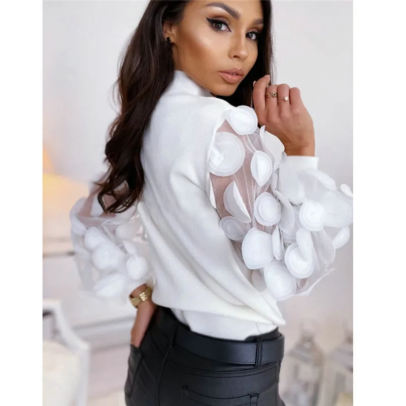 Женская кружевная блузка в горошек однотонная прозрачная водолазка с пышными