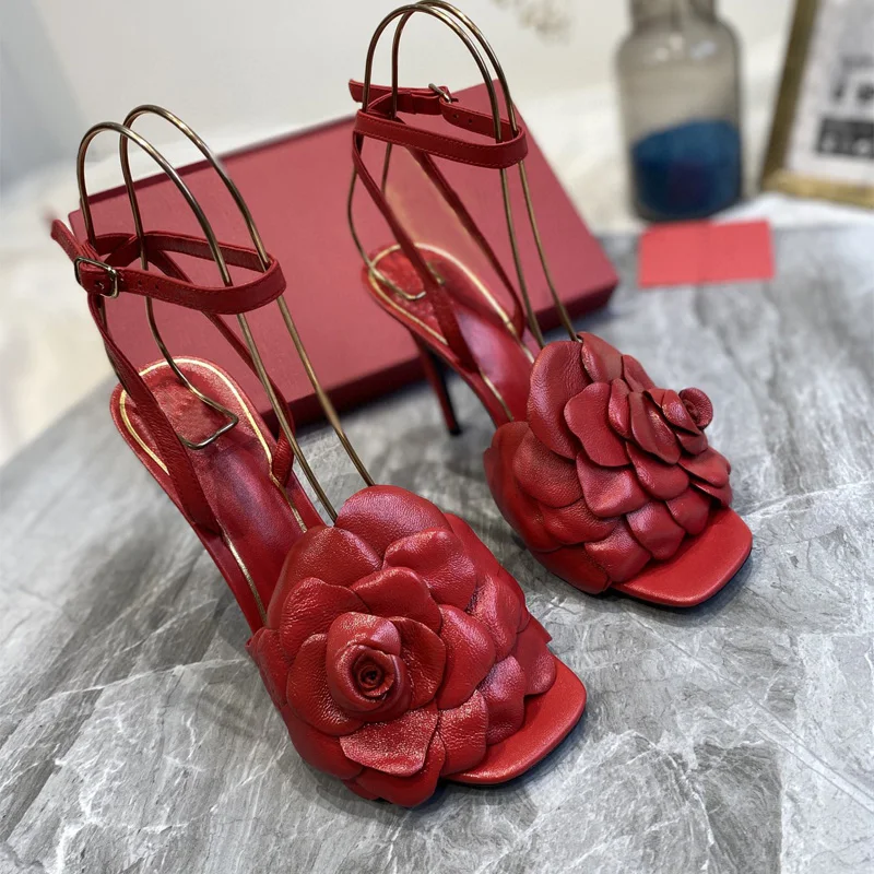 

Luxury 2021 Summer New Red Flower High-heeled Sandals Female Stiletto Leather Word Buckle Shallow Mouth Roman Shoes Trend