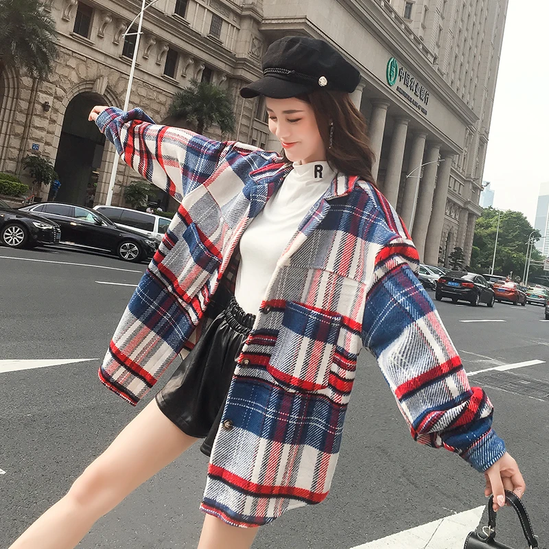 

Early autumn new style 2021 popular plaid woolen coat female mid-length Korean loose student long-sleeved woolen coat