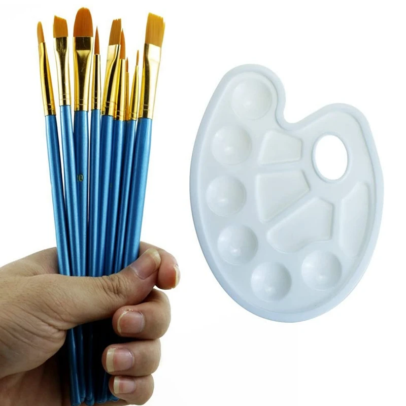 

Paint Brush Paint Tray Set 10 Pieces Round Pointed Tip Nylon Hair Brush Set with 4 Piece Paint Tray Palette