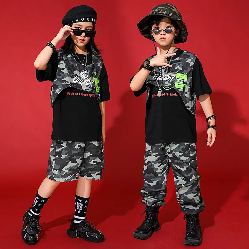 

Boys Street Dance Vest Shorts Girls Hip Hop Camouflage Joggers Clothes Sets Kids Military Cargo Pants Child Costumes Streetwear