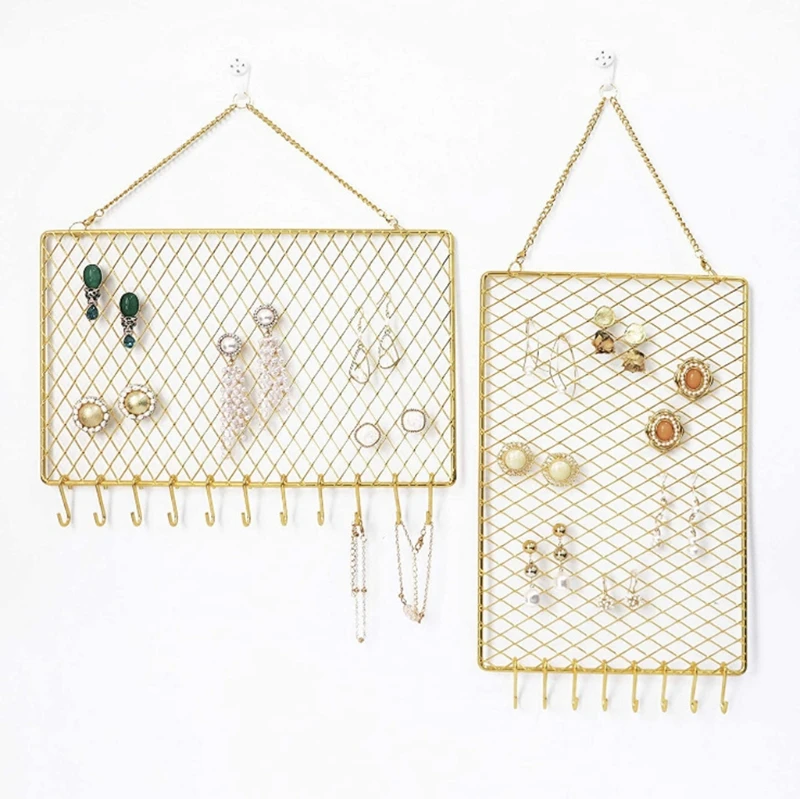 

Durable Rectangle Hanging Earring Stud Wall Mounted Jewelry Organizer Decorative Diamond Grid Shape Hooks for Necklaces T84A