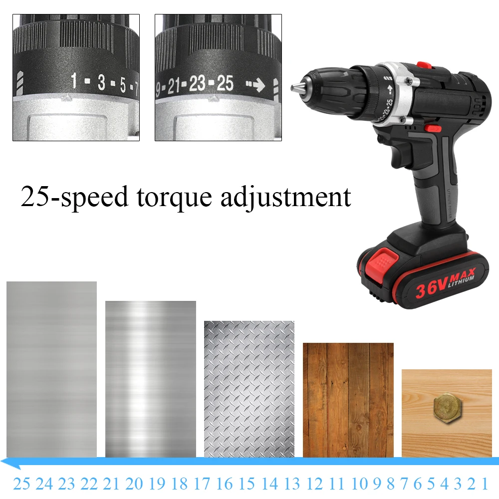 

36V Electric Impact Cordless Drill High-power Lithium Battery Wireless Rechargeable Hand Drills Home DIY Electric Power Tools