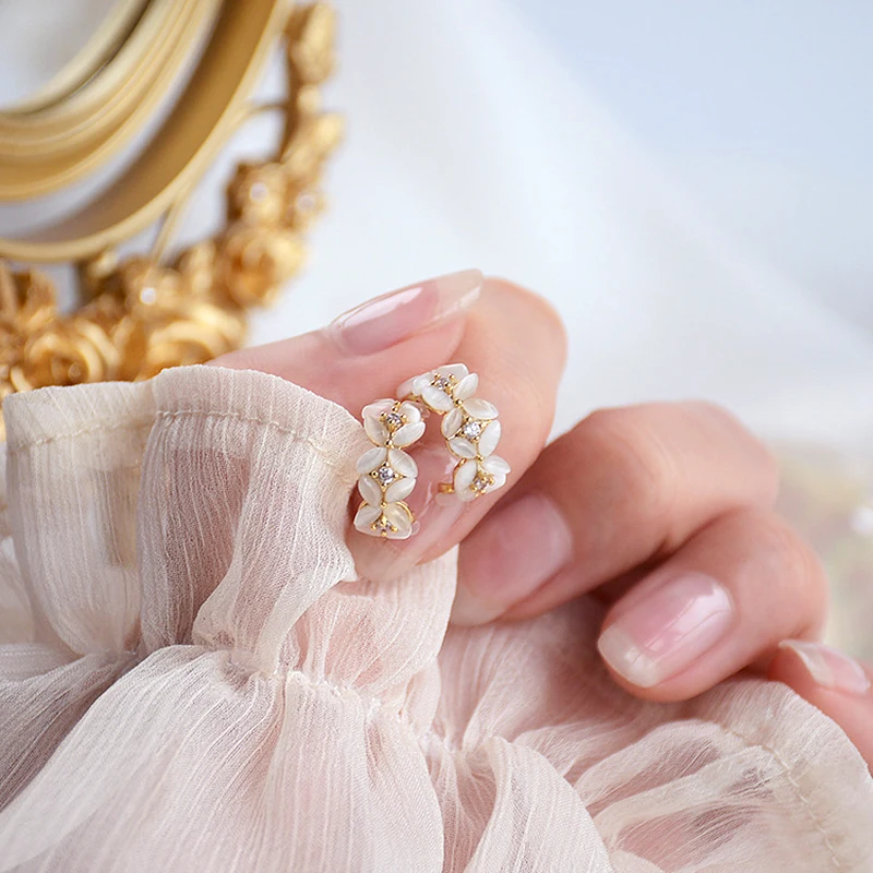 

Romantic Charming 14k Real Gold Opal Petals Earrings for Women S925 Silver Needle Stud High Quality Jewelry Zirconia Party Gift