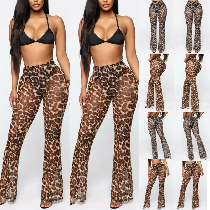 Новые женские леопардовые сексуальные пляжные сетчатые прозрачные расклешенные