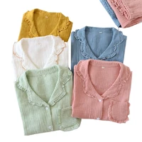 spring autumn solid color pajama set women soft gauze cotton full sleeve 2pcs macaron color turn down collar household sleepwear