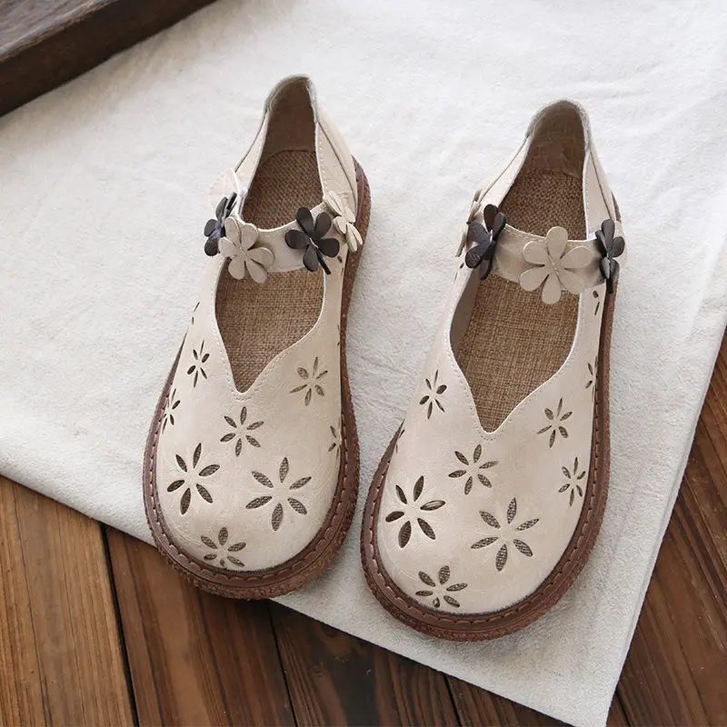 

Sen Female Head Retro Art Doll Shoes Summer Ladies Perforated Hollow Breathable Thick-soled Leisure National Flower Sandals
