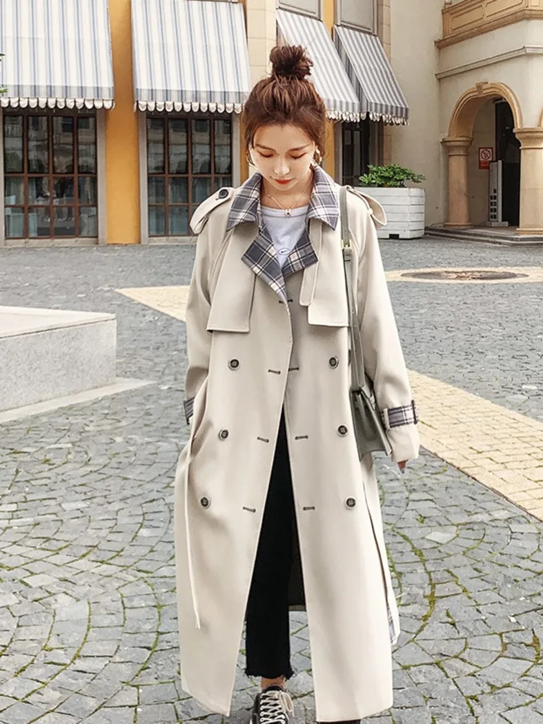 

British Style Long Trench Coat For Women 2021 Autumn New Vintage Retro Plaid Stitching Popular Manteau Femme Hiver