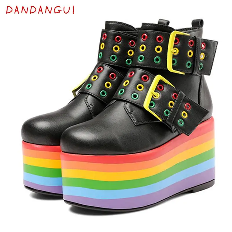 

High Quality Real Leather Platform Women Ankle Boots Rainbow Wedge Heel Belt Buckle Female Motorcycle Boots Ladies Chunky Shoes