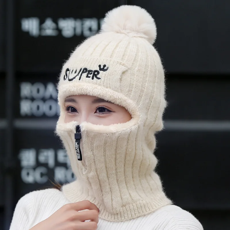 

Women Winter Thick Warm Knitted Beanies Cap Hats Lady Full Face Covered Outdoor Ski Riding Cap Hat For Women