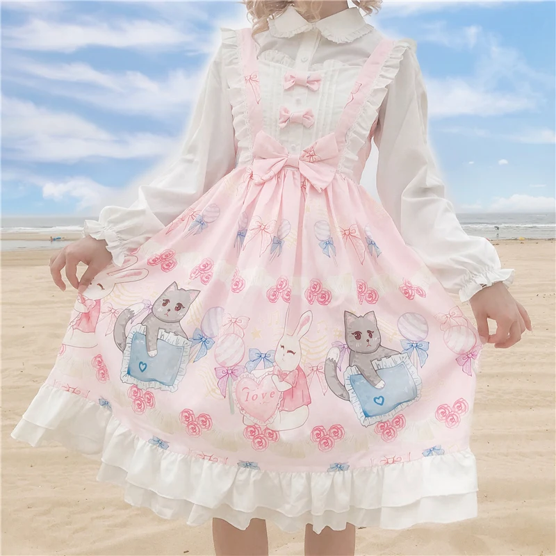 

Japanese Sweet Kawaii Jsk Lolita Dress Girls Summer Gothic Cute Cat Sleeveless Lolita Maid Vestidos Vintage Lace Ruffle Dresses