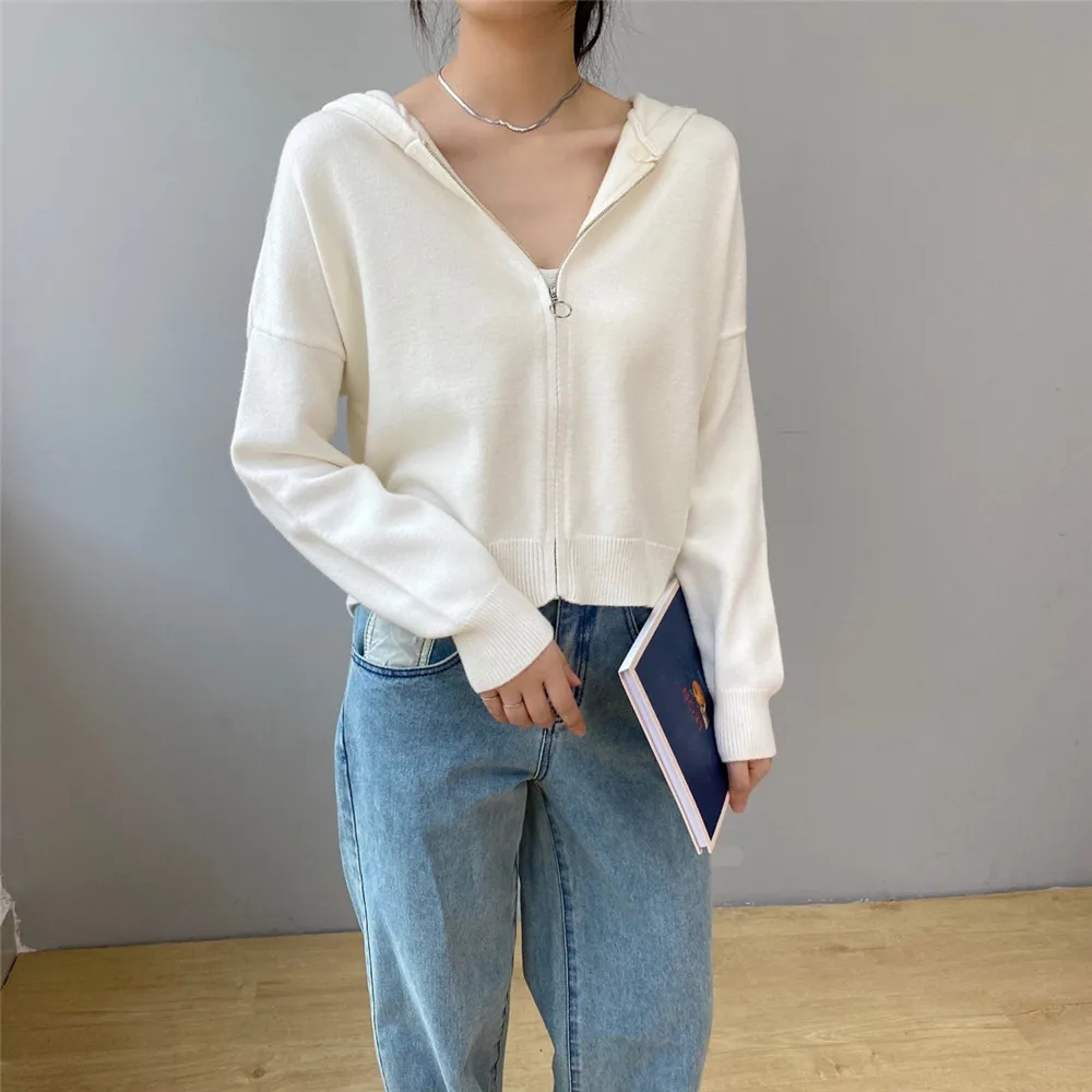 

Loose Knitted Sweatshirt Women Pop New Spring and Autumn Casual Long-sleeve Sweater Hooded Zipper Coat Student Knit Top NS2140