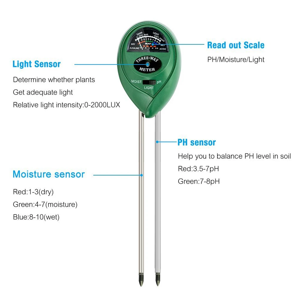3 in 1 Soil PH Meter Sunlight Tester Plants Acidity Humidity Monitor Detector Garden Flowers Moisture Sensor | Инструменты