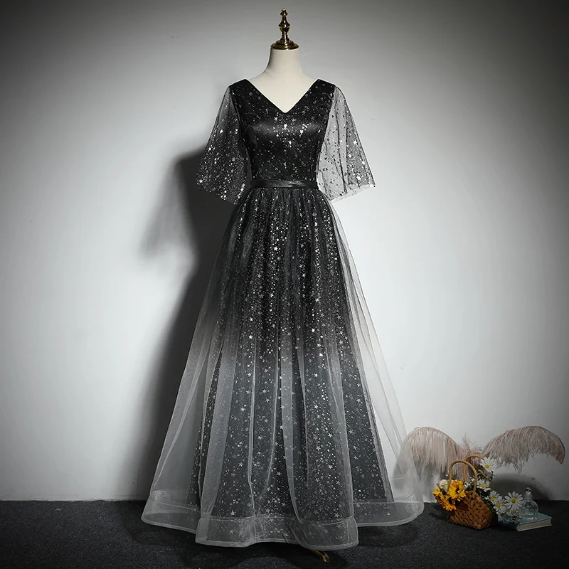 Женское вечернее платье с блестками, ТРАПЕЦИЕВИДНОЕ плиссированное платье с коротким рукавом и глубоким V-образным вырезом, модное праздничное платье в пол, B1075