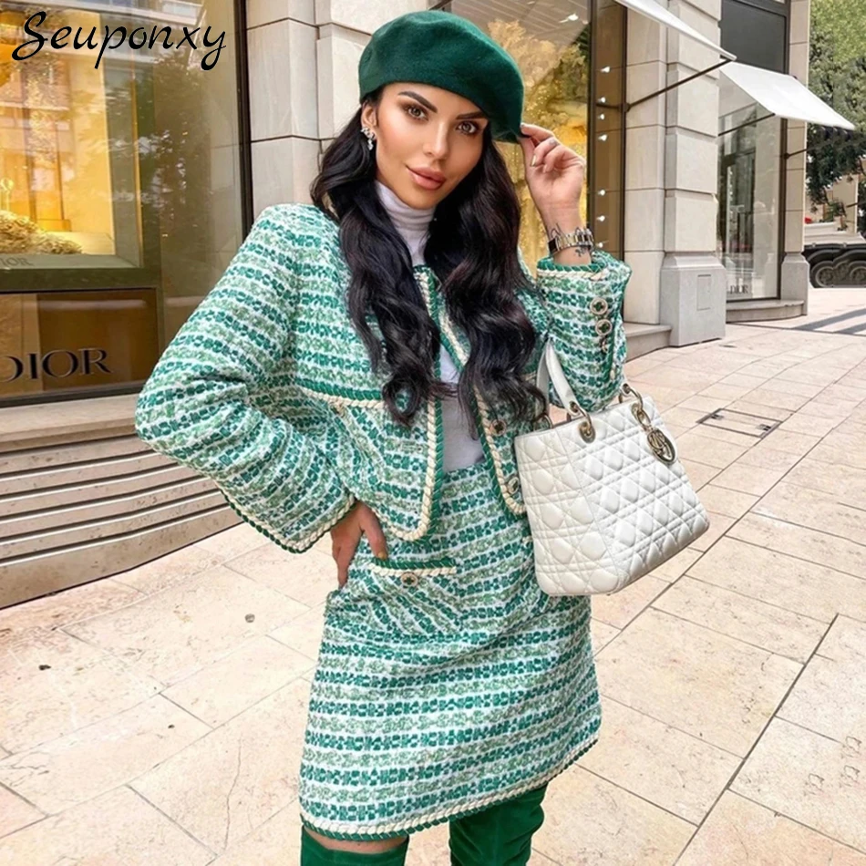 

Женский твидовый костюм из двух предметов, пикантный однобортный пиджак с круглым вырезом и юбка с высокой талией, весна 2022