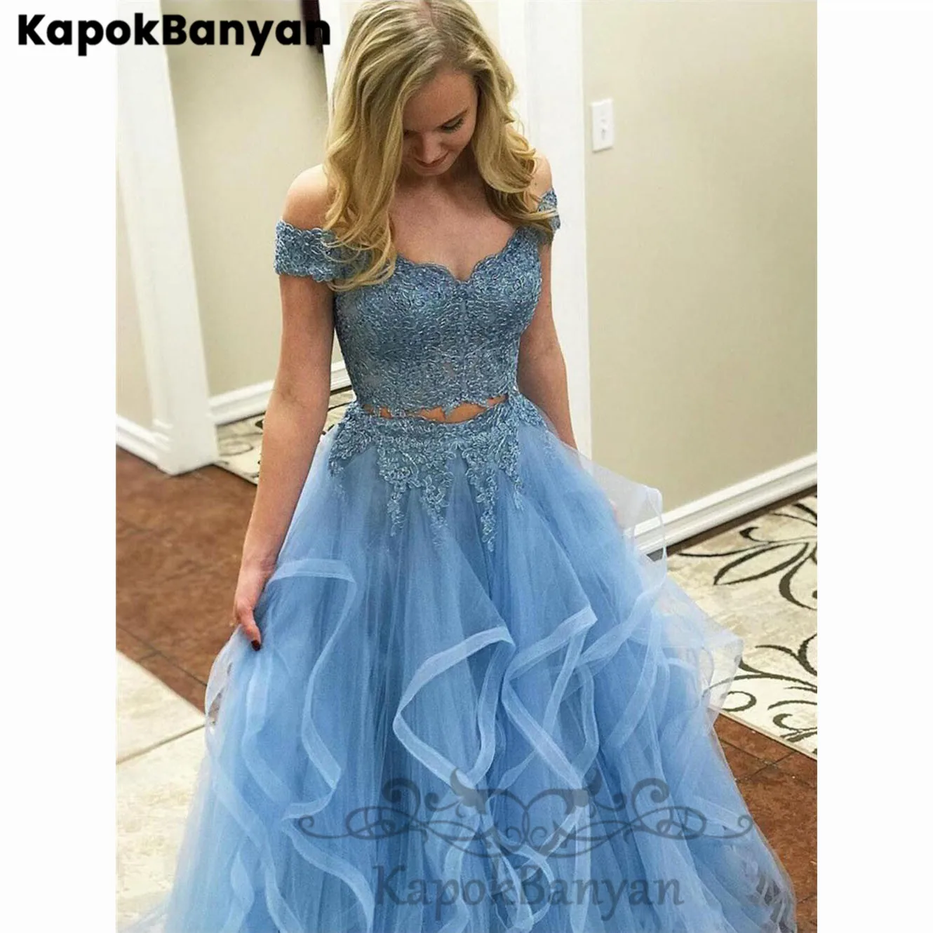 

Two Pieces Off-the-shoulder Zipper Lace Ruffle Organza Prom Dresses Crop Top Long Party Gown