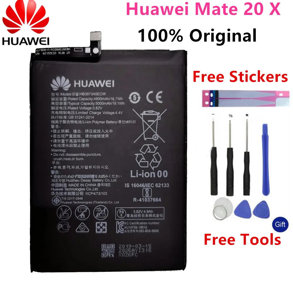Bater&iacute;a de tel&eacute;fono Huawei HB3973A5ECW Original, 100% mAh, para Huawei Mate 20 X 20X, paquete al por menor, herramientas gratuitas, 5000-0